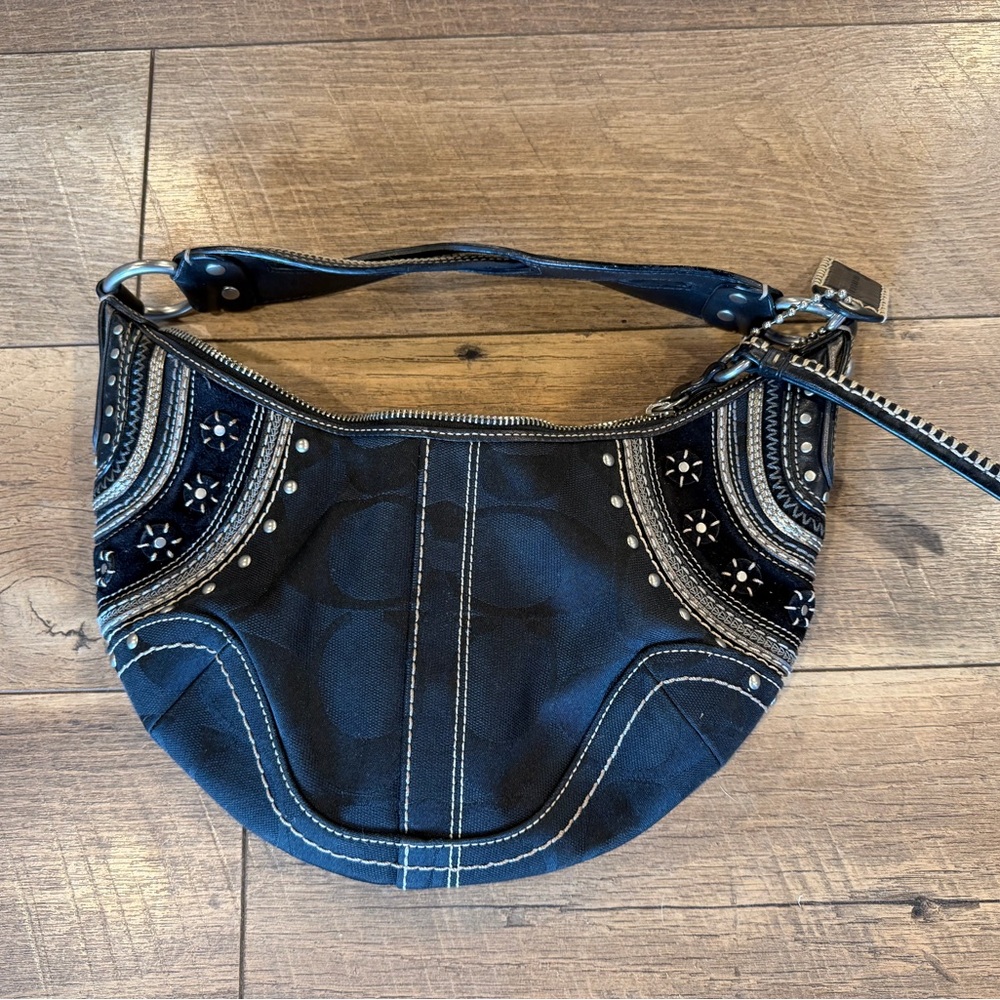 Coach Soho black signature canvas and suede studded hobo